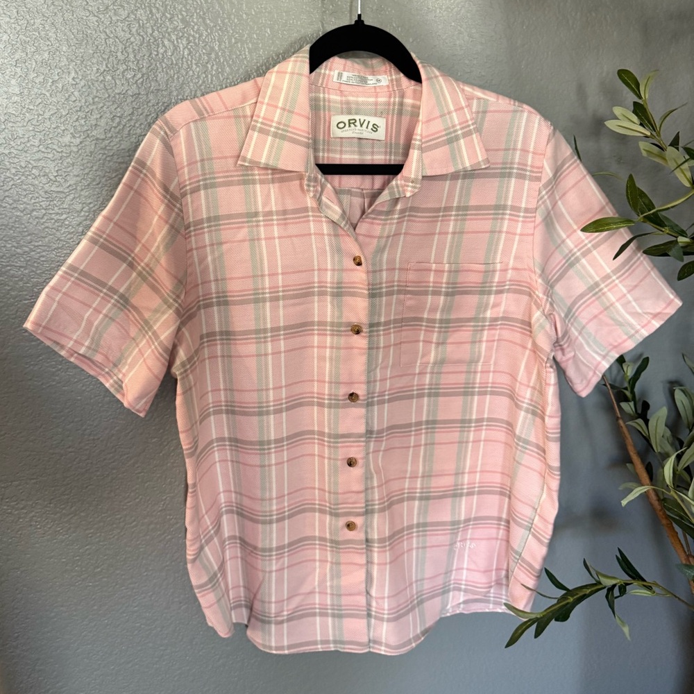 Orvis Light Pink and Gray Plaid Shirt